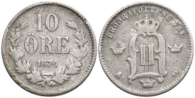 Швеция 10 эре 1874 EB, Оскар II (1872-1907) король Швеции и Норвегии, проба 400 KM 737 серебро 4549-1111