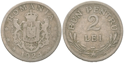 Румыния 2 лея 1924 Фердинанд I (1914-1927) KM 47 медно-никель 4616-843