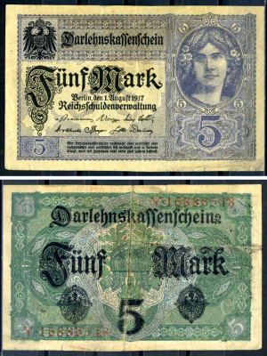 Германия 5 марок 1917 8 значный номер Pick 56 b бумага 8595-47-3-1
