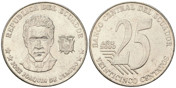 Эквадор 25 сентаво 2000 KM 107 сталь плакированная никелем 4448-927