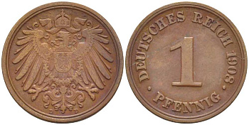 ГЕРМАНИЯ 1 ПФЕННИГ 1908 D KM 10, J. 10, Weege 2 медь 211-413