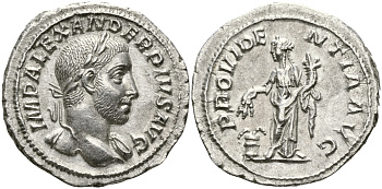 Римская Империя денарий 231 - 235 Александр Север PROVIDENTIA AVG Провиденция, персонификация Божественного Предвидения Рим Extremely fine RIC 250 серебро 1073-10-86