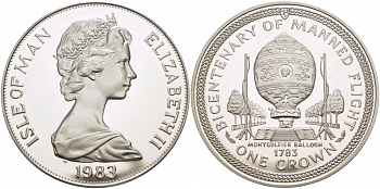 Остров Мэн 1 крона 1983 серия 200 лет пилотируемому полету, воздушный шар братьев Монгольфье КМ 103a серебро PROOF 1078-1-52
