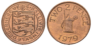 Гернси 2 пенса 1979 Елизавета II (1952-2022), ветряная мельница KM 28 бронза aUNC 4666-426