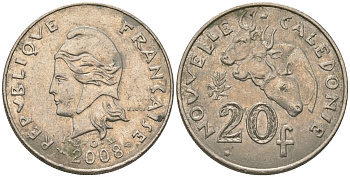 Французская Новая Каледония 20 франков 2008 три быка, (IEOM) KM 12a, Schoen 14a, Lec 115j медно-никель 81-1136