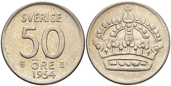 Швеция 50 эре 1954 TS, Густав VI Адольф (1950-1973) KM 825 серебро 4148-933