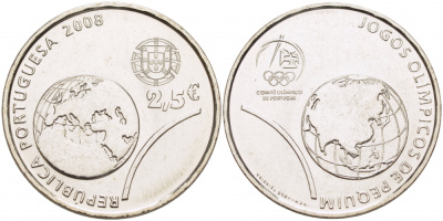 Португалия 2 1/2 евро 2008 XXIX Летние Олимпийские игры 2008 года в Пекине, земной шар KM 790 медно-никель UNC 04-092-21