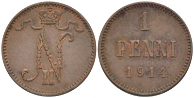 Россия для Финляндии 1 пенни 1914 Николай II (1894-1917) KM 13, Биткин 474 медь 4396-1414