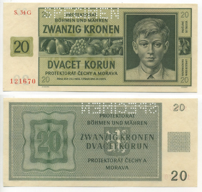 БОГЕМИЯ И МОРАВИЯ 20 КРОН 1944 ОБРАЗЕЦ Pick 9s бумага UNC (ПРЕСС) 000-00-00