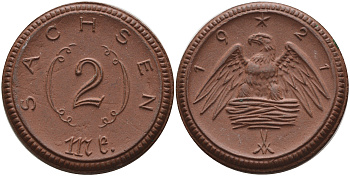 Саксония 2 марки 1921 J. N 56 фарфор 1094-2-25