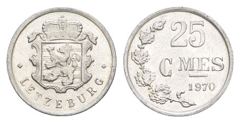 Люксембург 25 сантимов 1970 Герцог Жан (1964-1999) KM 45a алюминий 4643-434