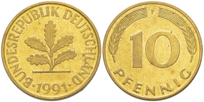 ФРГ 10 ПФЕННИГОВ 1991 F KM 108, J. 383 сталь плакированная латунью 4182-956