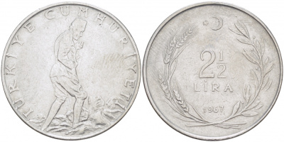 ТУРЦИЯ 2 1/2 ЛИРЫ 1967 KM 893.1 сталь 215-413