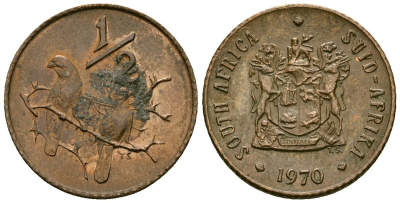 ЮАР 1/2 цента 1970 два капских воробья на ветке KM 81 бронза 4136-845
