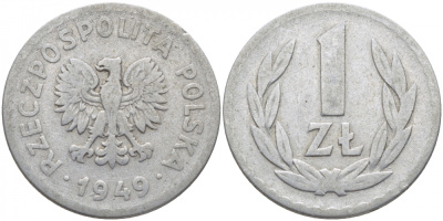 ПОЛЬША 1 ЗЛОТЫЙ 1949 KM 45а алюминий 4448-251