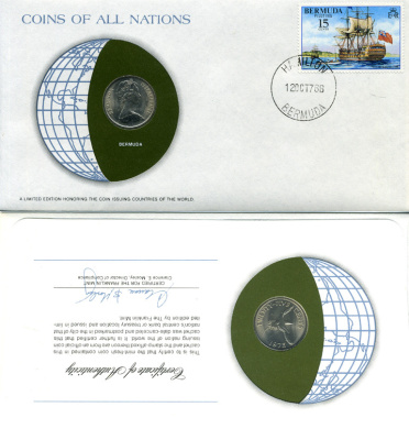Бермудские острова 25 ЦЕНТОВ 1973 конверт с маркой первого дня гашения, Coins of Nations KM 18 медно-никель UNC 4294-16-3