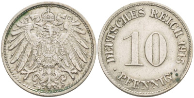 Германия 10 пфеннигов 1915 D KM 12, Jager 13, Weege 8 медно-никель 219-247