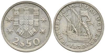 Португалия 2,5 эскудо 1979 парусник KM 590 медно-никель 4147-636