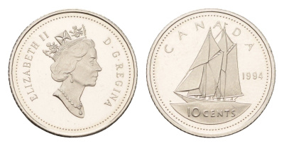 Канада 10 центов 1994 Елизавета II (1952-2022), парусник KM 183 никель PROOF 633-913