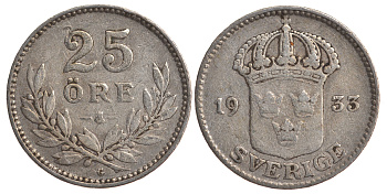 Швеция 25 эре 1933 G, Густав V (1907-1950) KM 785 серебро 4179-846