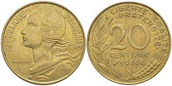 ФРАНЦИЯ 20 САНТИМОВ 1974 ТИП MARIANNE KM 930, LE FRANC 156.14 алюминиевая бронза 175-837