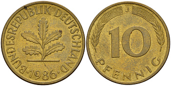 ФРГ 10 пфеннигов 1986 J J. 383, KM 108 сталь плакированная латунью    4603-543