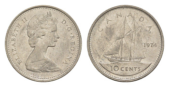Канада 10 центов 1974 Елизавета II (1952-2022), парусник KM 77 никель 4639-631