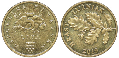 Хорватия 5 лип 2019 дуб, легенда на хорватском KM 5 сталь плакированная латунью aUNC 4516-215