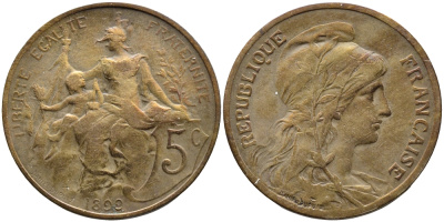 ФРАНЦИЯ 5 САНТИМОВ 1899 ТИП ДАНИЭЛЬ ДЮПЮИ KM 842, LE FRANC 119.7 бронза 4393-345