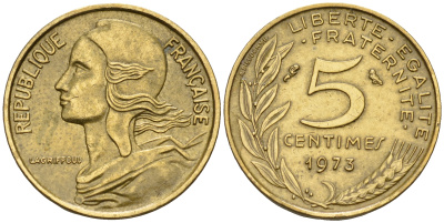 Франция 5 сантимов 1973 тип Марианна KM 933 медь алюминий никель    4152-1223