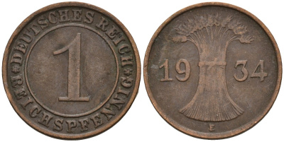 Германия 1 рейхспфенниг 1934 E KM 37, J. 313 бронза 4516-223