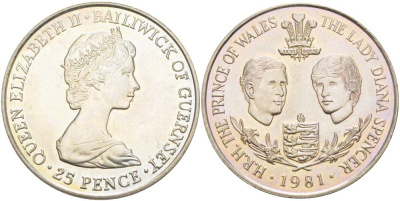 Гернси 25 пенсов 1981 свадьба принца Чарльза Уэльского и леди Дианы KM 36 медно-никель UNC 4527-521