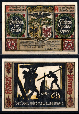 Фюрстенвальде (Пруссия, Бранденбург) 75 пфеннигов 1921 Mehl Grabowski 403.1a-10/15 бумага UNC (пресс) 7555-52-3-2