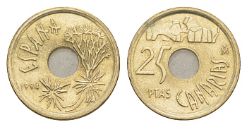 Испания 25 песет 1994 Канарские острова (CANARIAS), Хуан Карлос I (1975-2014) KM 933 алюминиевая бронза UNC 4647-1118