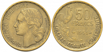 ФРАНЦИЯ 50 ФРАНКОВ 1951 ПЕТУХ KM 918.1, LE FRANC 425.5 алюминиевая бронза 4403-235