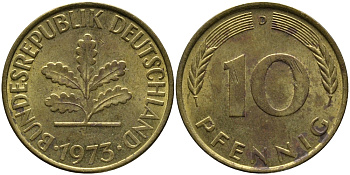 ФРГ 10 ПФЕННИГОВ 1973 D KM 108, J. 383 сталь плакированная латунью 98-451