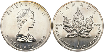 Канада 5 долларов 1989 Кленовый лист KM 163 серебро BU 1530-1445
