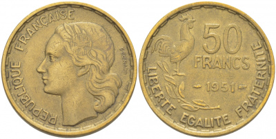 ФРАНЦИЯ 50 ФРАНКОВ 1951 ПЕТУХ KM 918.1, LE FRANC 425.5 алюминиевая бронза 4403-235