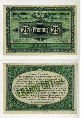 Германия 25 пфеннигов 1917 инспекция лагерей военнопленных в Франкфурте на Одере, III-ий Армейский корпус C-2962 бумага UNC (пресс) 504-92-1-2