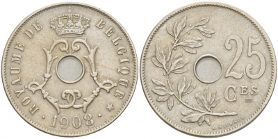 БЕЛЬГИЯ 25 САНТИМОВ 1908 BELGIQUE KM 62 медно-никель 3718-553