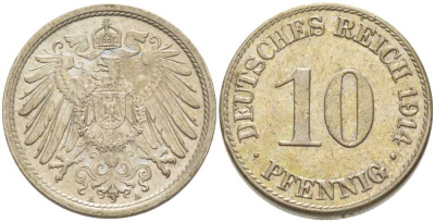 ГЕРМАНИЯ 10 ПФЕННИГОВ 1914 A KM 12, J. 13, Weege 8 медно-никель 212-257