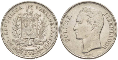 Венесуэла 1 боливар 1967 Симон Боливар KM 42 никель 217-545