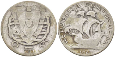 ПОРТУГАЛИЯ 2,5 ЭСКУДО 1943 ПАРУСНИК KM 580 серебро 98-341