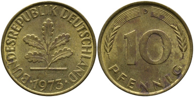 ФРГ 10 ПФЕННИГОВ 1973 D KM 108, J. 383 сталь плакированная латунью 98-451