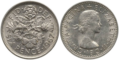 Великобритания 6 пенсов 1967 Елизавета II (1952-2022) KM 903, Spink 4149 медно-никель 4549-229