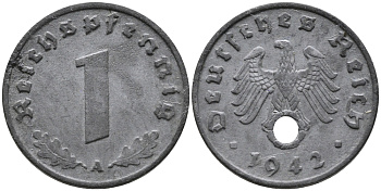 ГЕРМАНИЯ 1 РЕЙХСПФЕННИГ 1942 A KM 97, J.369 цинк 96-715