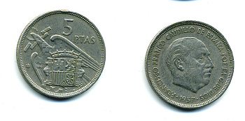 ИСПАНИЯ 5 ПЕСЕТ 1957 (73) ФРАНСИСКО ФРАНКО ДИКТАТОР ИСПАНИИ (1939-1975) KM 786 медно-никель 53-1151