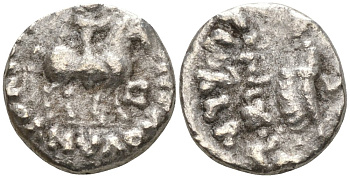 Индо-Скифское царство драхма 58-12 гг. до н.э. Азес, царь верхом на коне, легенда на греческом и на языке харошти/Зевс, держащий Нику и Скипетр, легенда на языке харошти - ВЕЛИКИЙ ЦАРЬ, ЦАРЬ ЦАРЕЙ, АЗЕС ВЕЛИКИЙ Senior 105 серебро 1073-19-103