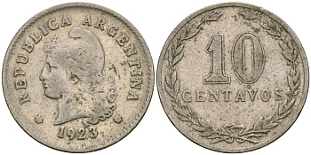 Аргентина 10 сентаво 1923 голова Свободы влево KM 35 медно-никель 220-749