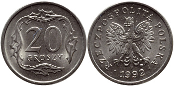 ПОЛЬША 20 ГРОШЕЙ 1992 MW KM 280 медно-никель UNC 26-847